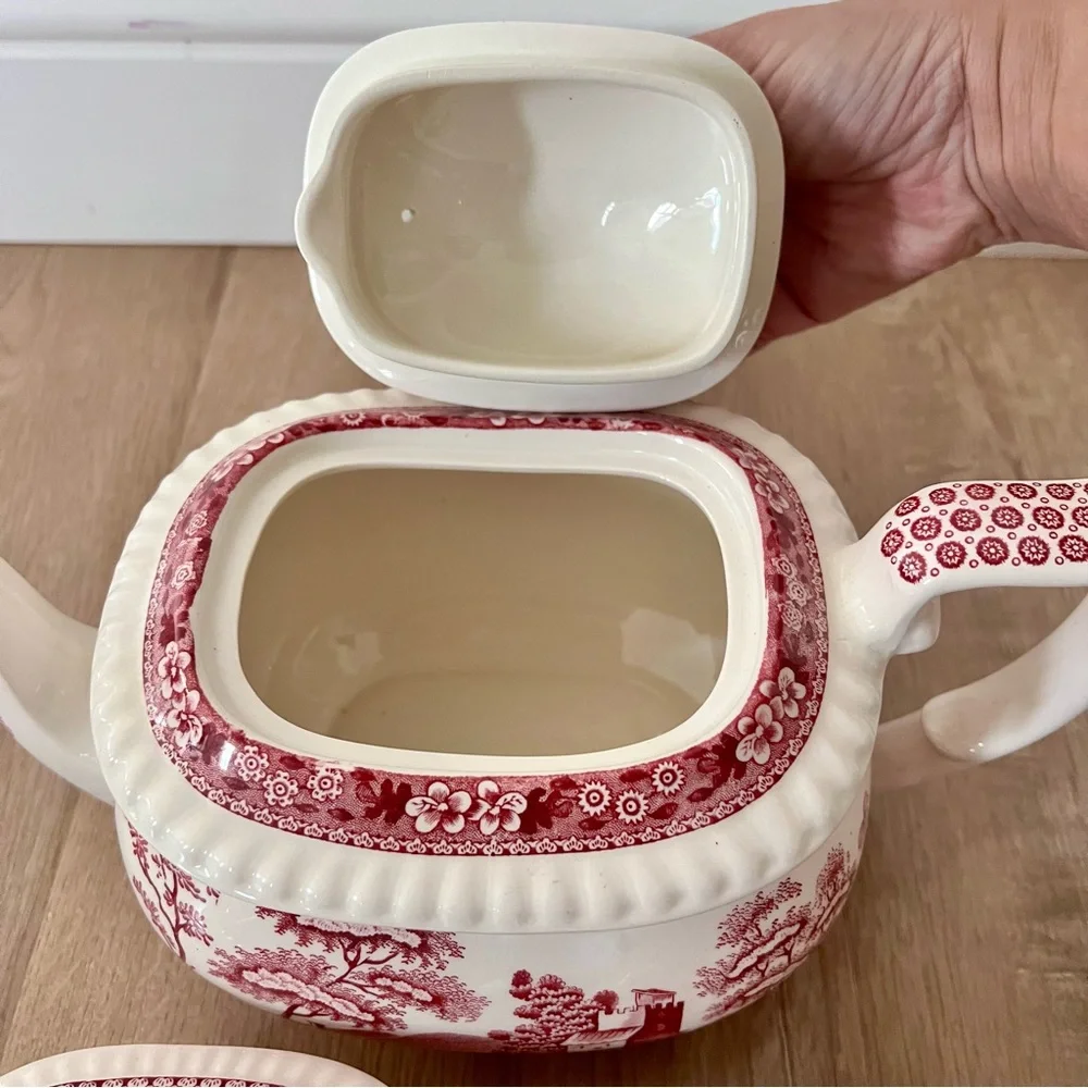 Spode England “ Pink Tower “ 5 Cup Teapot, Creamer, Sugar‎ Bowl Set - Vintage